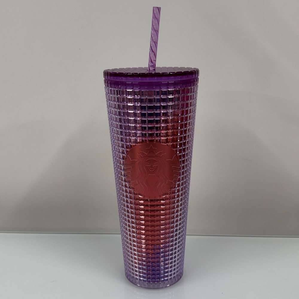 Starbucks 2021 Venti 24oz tumbler grid kaleidoscope purple/red metallic hue.